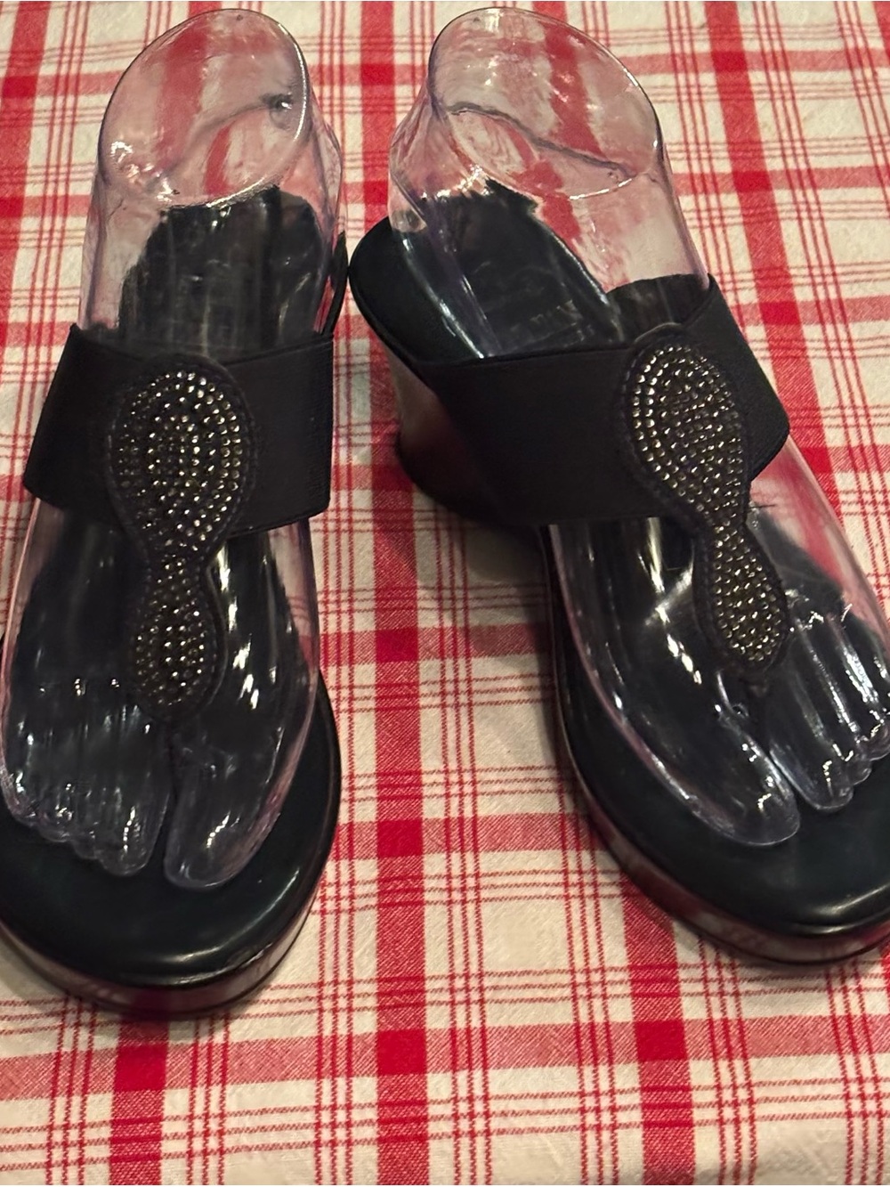Italian Shoemakers Black Beaded Wedge Sandals with T‑Strap